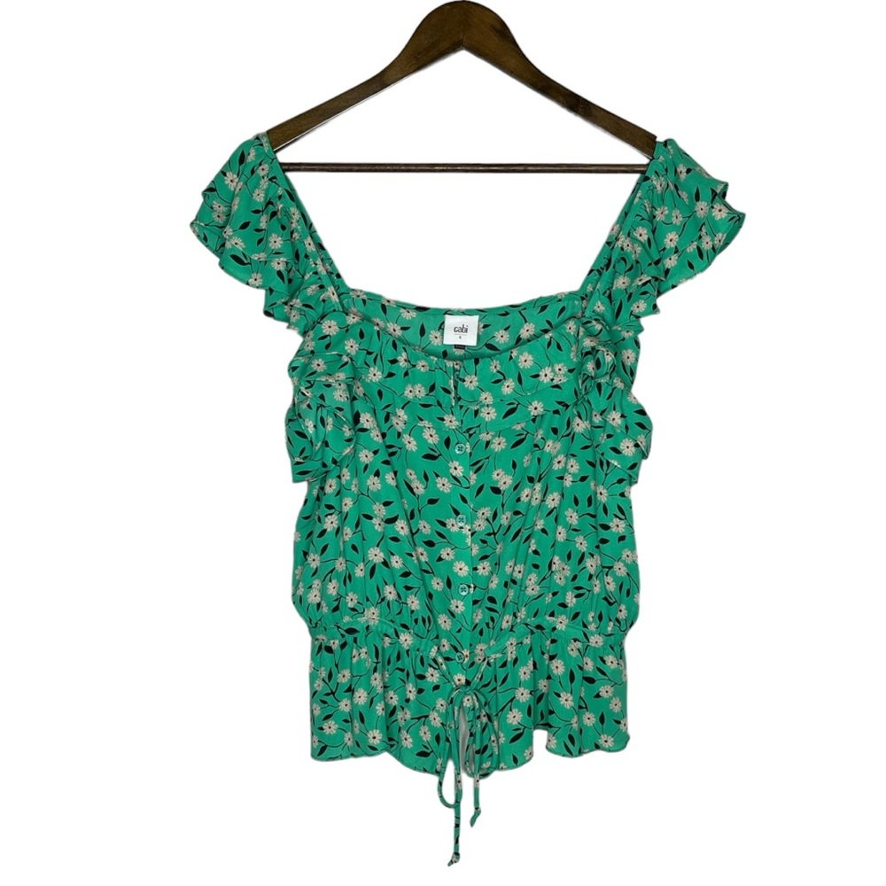 Cabi Green Floral Print Ruffle Sleeve Festival Tank Size Small